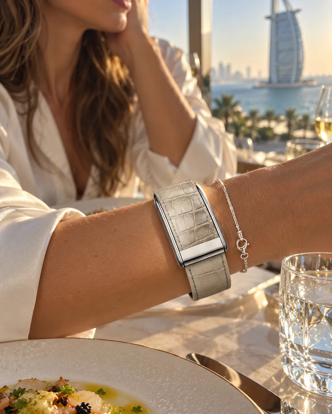 Himalayan crocodile leather WHOOP strap worn at a Jumeirah restaurant