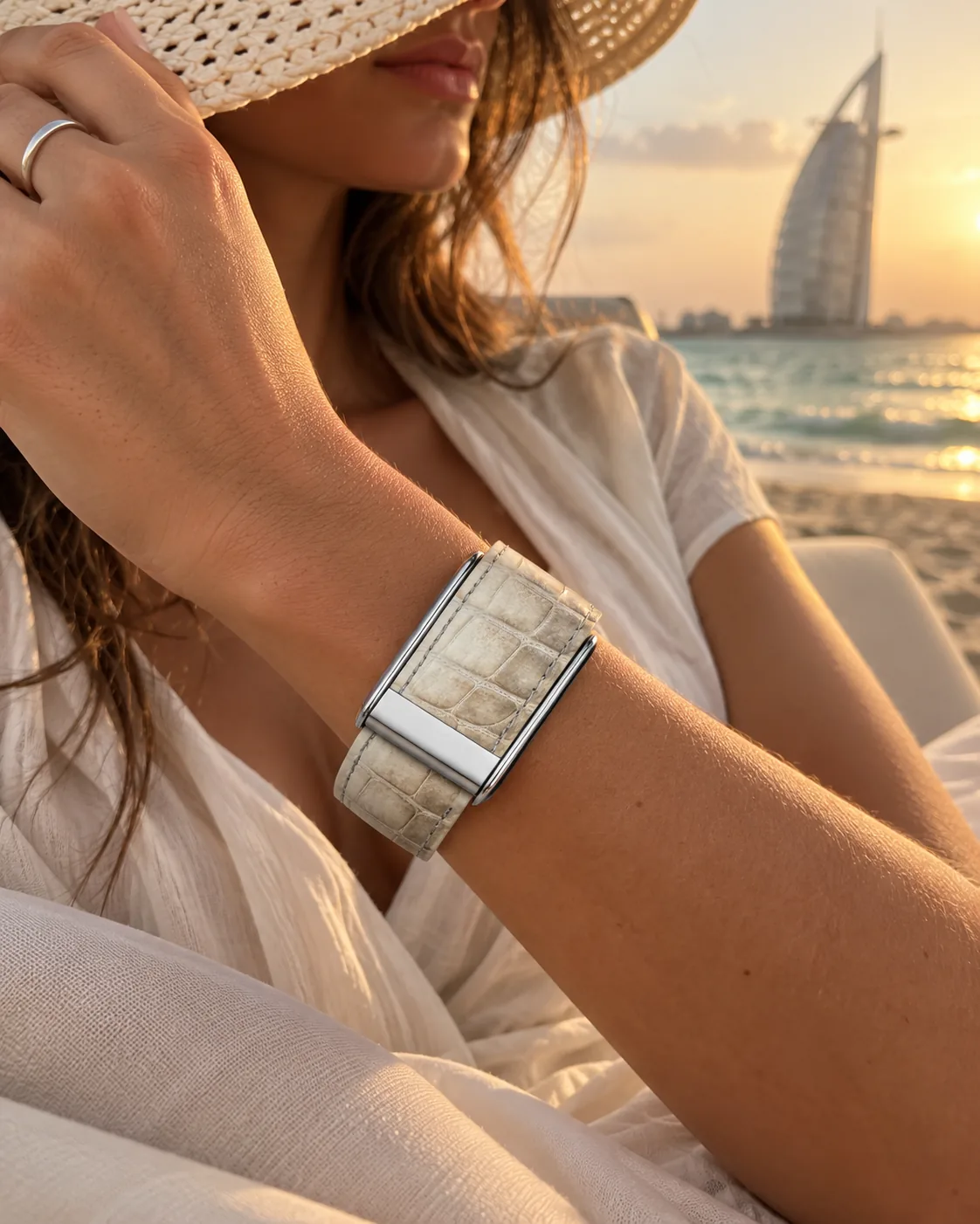Himalayan WHOOP strap worn on the beach at sunset