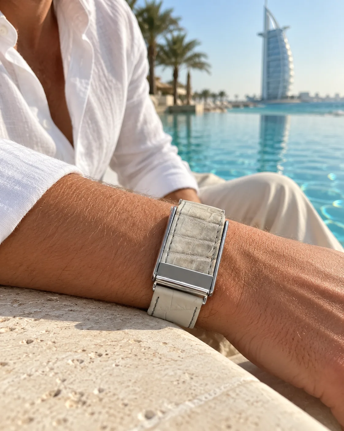 Himalayan WHOOP strap worn poolside in Dubai